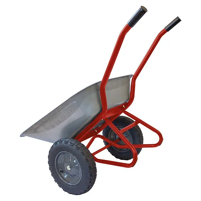 Gartenschubkarre "Zweirad" - 100 l, Stahl, Traglast: 160 kg - Rote Schubkarre mit silbergrauer Mulde, schwarzen Griffen und zwei schwarzen Rädern.
