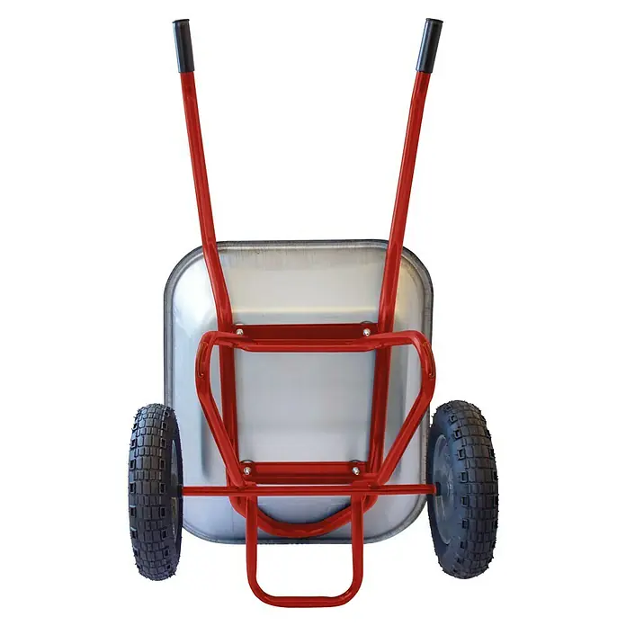 Gartenschubkarre "Zweirad" - 100 l, Stahl, Traglast: 160 kg - Ansicht von unten: Schubkarre mit silberner Metallmulde, rotem Metallrahmen und zwei schwarzen Rädern.
