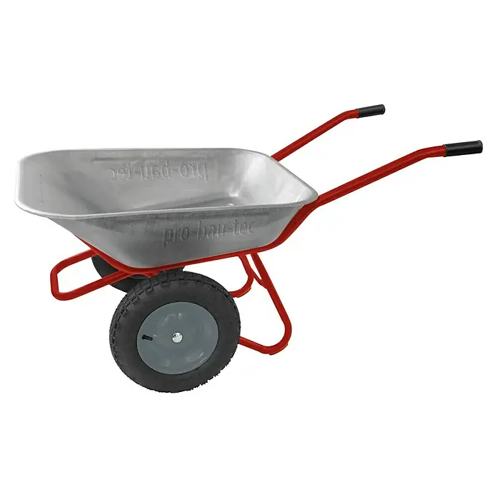 Gartenschubkarre "Zweirad" - 100 l, Stahl, Traglast: 160 kg - Silberne Metallschubkarre mit rotem Rahmen, schwarzen Griffen und Rad, für Bau- und Gartenarbeiten.