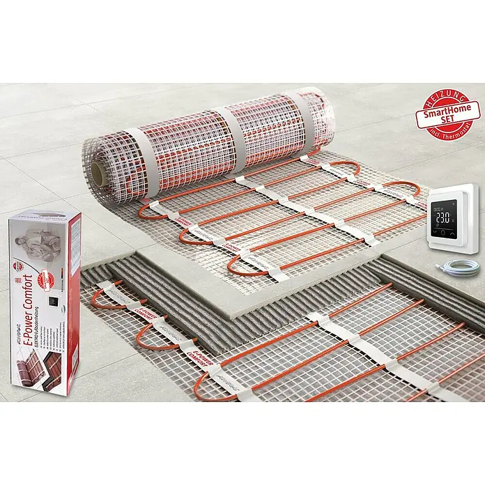 Fußbodenheizung E-Power Comfort - Beheizbare Fläche: 4 m², 150 W - Elektrische Fußbodenheizmatte zur Verlegung unter Fliesen, mit Thermostat und Produktverpackung.