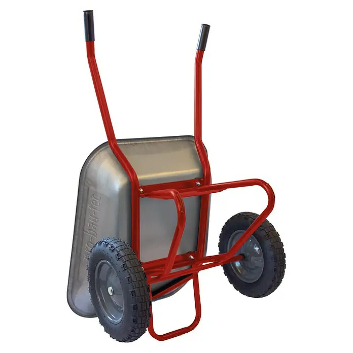 Gartenschubkarre "Zweirad" - 100 l, Stahl, Traglast: 160 kg - Ein robuster, zweirädriger rot-silberner Schubkarren mit schwarzen Reifen für den Transport von Lasten.