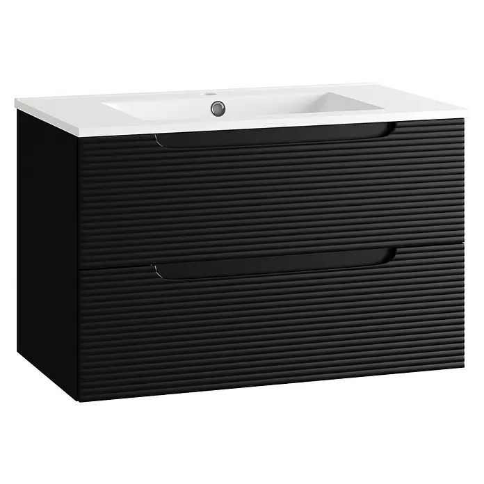 Mueble bajo de lavabo Urban - Negro, An x Pr x Al: 80 x 45 x 50 cm - Mueble de baño negro con lavabo blanco integrado, dos cajones y textura acanalada horizontal con tiradores integrados.