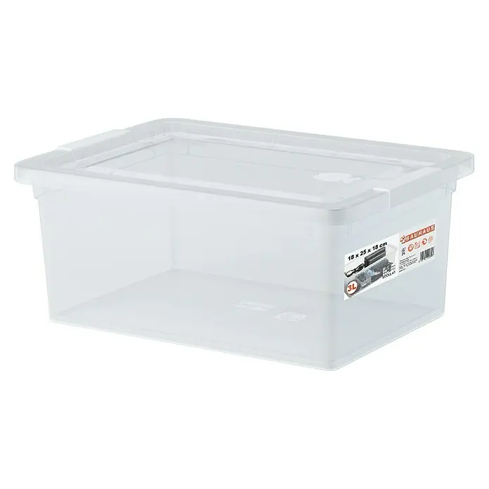 BAUHAUS Caja de almacenaje - L x An x Al: 18 x 25 x 18 cm, Plástico, Transparente, 3 l - Caja de almacenamiento de plástico transparente con tapa y una etiqueta visible con dimensiones y marca.