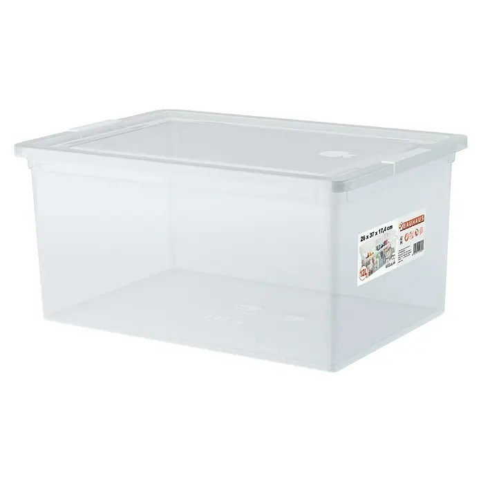 BAUHAUS Caja de almacenaje - L x An x Al: 37 x 26 x 17,4 cm, Plástico, Transparente, 12 l - Caja de almacenamiento de plástico transparente con tapa, 26 x 37 x 17,4 cm, capacidad 12L.