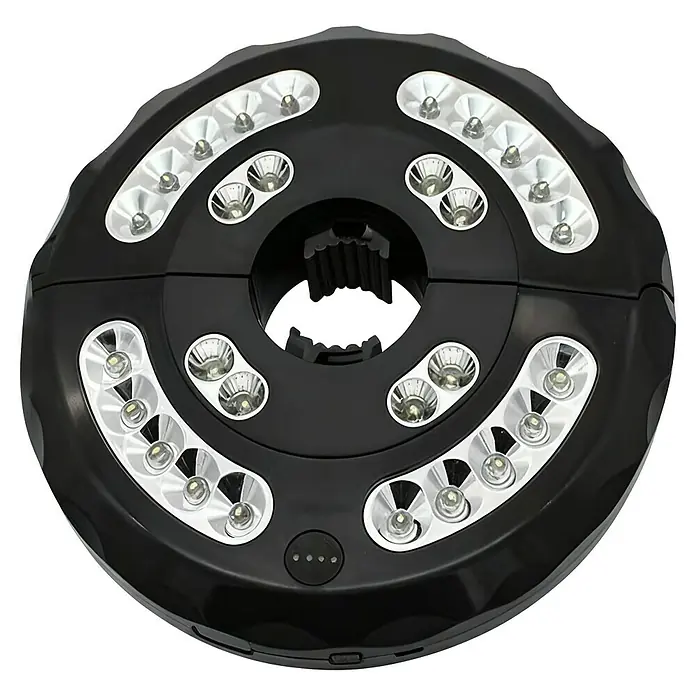 Uirax Luz LED para sombrillas - Diámetro: 20 cm, 200 lm, Blanco cálido - Luz LED redonda negra para sombrilla con múltiples LEDs y una abrazadera central para sujetar a un poste.