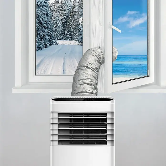 Fulmo Funda para conducto de aire acondicionado - L x An x Al: 140 x 24 x 3,7 cm - Aire acondicionado portátil blanco con manguera de escape plateada acolchada que se extiende por una ventana abierta para control climático.
