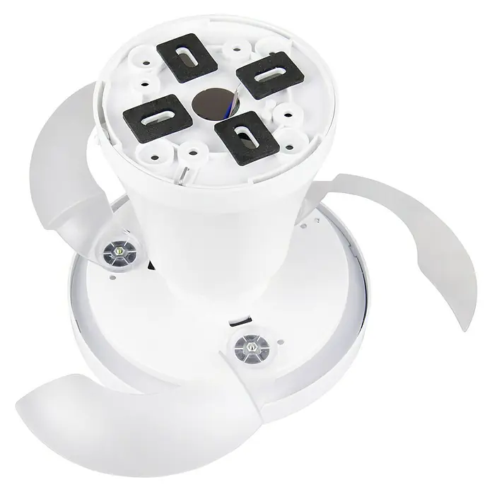 Trio Lighting Ventilador de techo Moss - Blanco, 22 cm, 18 W, Blanco cálido - Base de ventilador blanca mostrando componentes internos como almohadillas de espuma negra y cableado, con aspas extendidas.