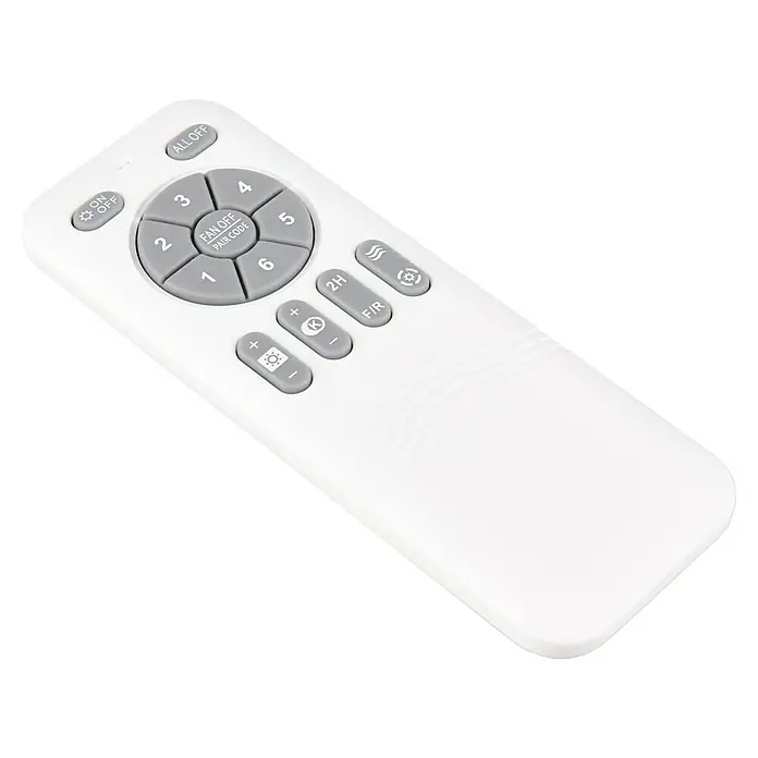 Trio Lighting Ventilador de techo Moss - Blanco, 22 cm, 18 W, Blanco cálido - Mando a distancia blanco con botones grises para funciones de ventilador y luz, incluyendo velocidades numeradas, atenuación y temporizador.
