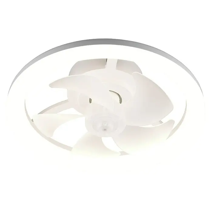 Trio Lighting Ventilador de techo Pajala - Blanco, 40 cm, Blanco cálido - Ventilador de techo moderno blanco con anillo de luz LED integrado, visto desde abajo.