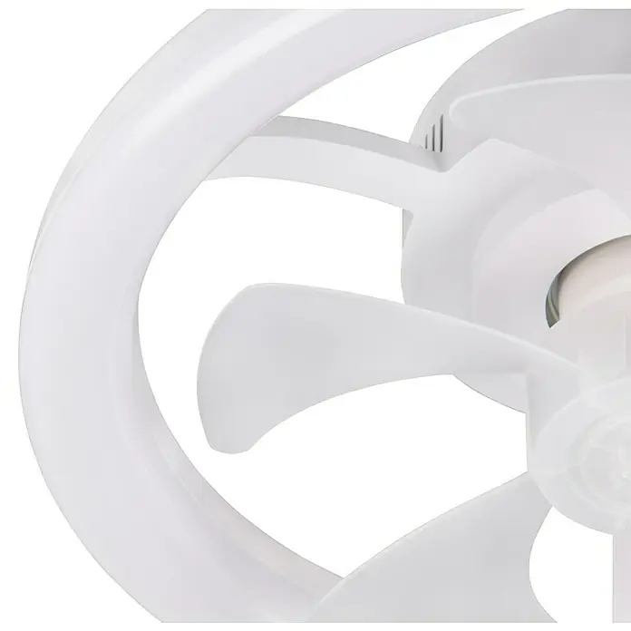Trio Lighting Ventilador de techo Pajala - Blanco, 40 cm, Blanco cálido - Primer plano de aspas de plástico blancas, lisas y curvas de un ventilador o turbina.