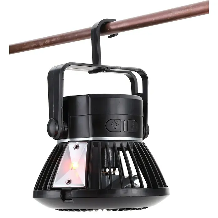 Fulmo Ventilador de suelo Bentu - Negro, 140 cm, Blanco cálido - Linterna de camping negra con ventilador y luz integrados, con controles, colgando de un tubo de cobre.