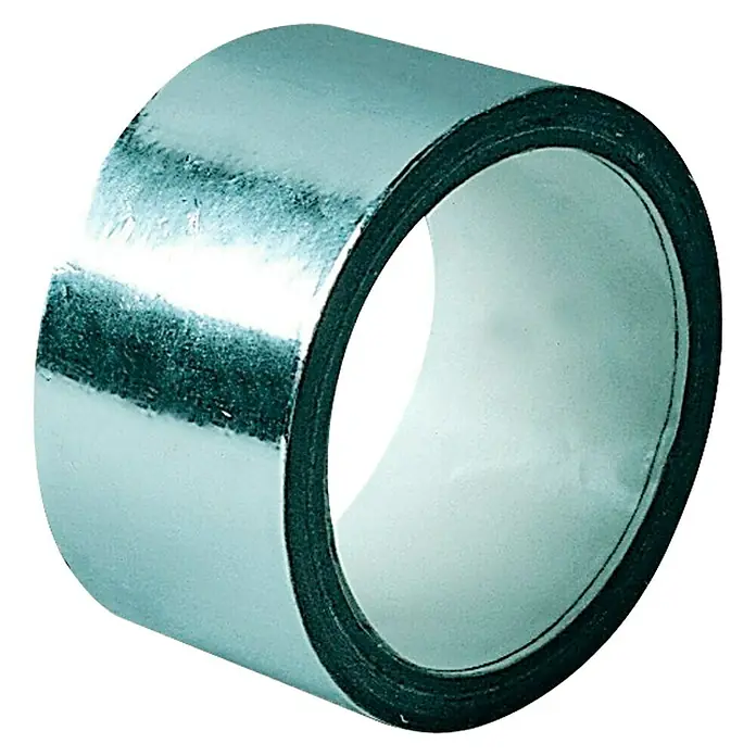 Cinta de aluminio para sellar - Plata, L x An: 10 m x 5 cm - Primer plano de un rollo de cinta adhesiva plateada brillante, diseñada para trabajos de sellado y reparación.