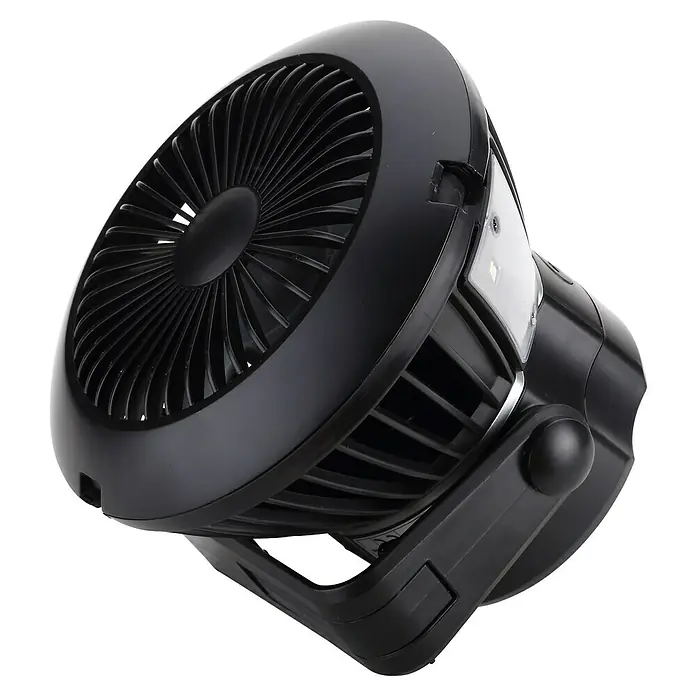 Fulmo Ventilador de suelo Bentu - Negro, 140 cm, Blanco cálido - Ventilador portátil negro con luz integrada, inclinado sobre su soporte ajustable.