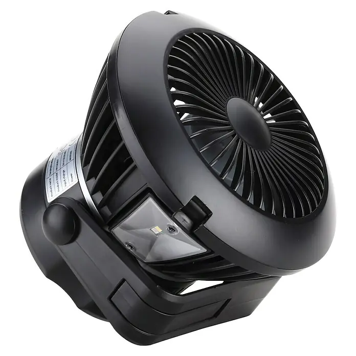 Fulmo Ventilador de suelo Bentu - Negro, 140 cm, Blanco cálido - Un ventilador portátil negro con rejilla redonda y luz LED integrada, apoyado sobre su base ajustable.