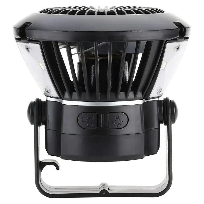 Fulmo Ventilador de suelo Bentu - Negro, 140 cm, Blanco cálido - Ventilador de camping negro con luz LED integrada y asa ajustable.