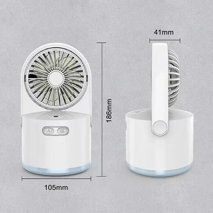 Fulmo Ventilador de sobremesa Nexo - Blanco, 10,5 cm - Ventilador portátil blanco, de 186mm de alto, con base de 105mm de ancho y ventilador de 41mm de profundidad, mostrando botones de control.