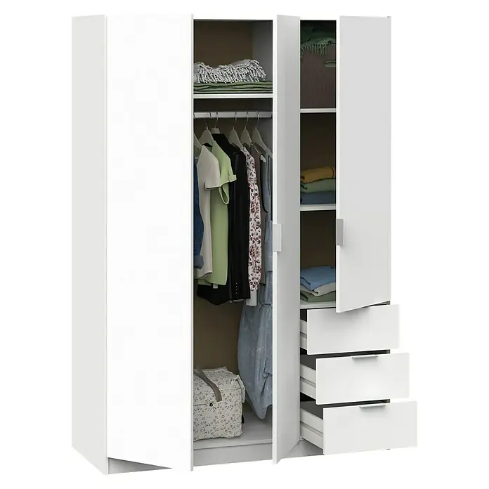Muebles Pitarch Turín Armario para ropa - L x An x Al: 50 x 120 x 180 cm, Blanco - Armario blanco abierto con ropa colgada, prendas dobladas en estantes y tres cajones extraíbles.