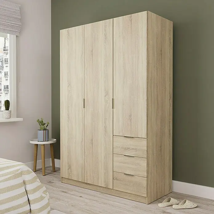 Muebles Pitarch Turín Armario para ropa - L x An x Al: 50 x 120 x 180 cm, Roble - Armario efecto roble claro con tres puertas y tres cajones.