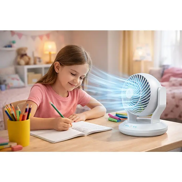 Arctic Air Tischventilator Gyro Cool - Weiß - Weißer Tischventilator kühlt ein lächelndes Mädchen beim Schreiben am Holztisch.