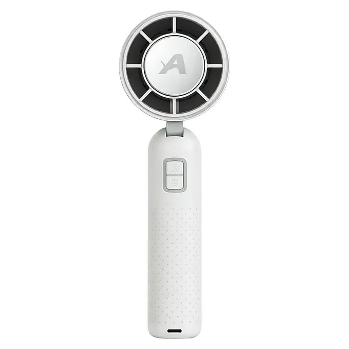 Ventilator Artic Air Cool Touch tragbar - Weiß - Weißer tragbarer Handventilator mit rundem Kopf und "A"-Logo, Bedientasten am Griff und strukturiertem Halt.