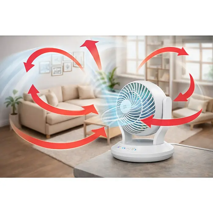 Arctic Air Tischventilator Gyro Cool - Weiß - Weißer Luftzirkulator-Ventilator mit roten Pfeilen, die den aktiven Luftstrom in einem modernen Wohnzimmer darstellen.