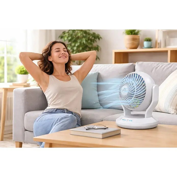Arctic Air Tischventilator Gyro Cool - Weiß - Weißer tragbarer Ventilator auf einem Couchtisch, bläst kühle Luft zu einer entspannt auf einem Sofa liegenden Frau.