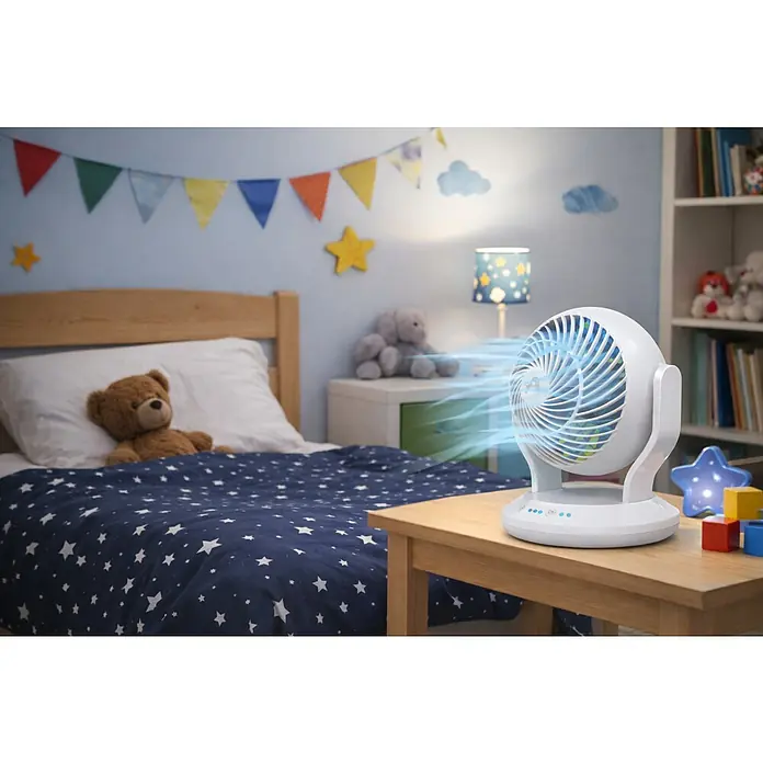 Arctic Air Tischventilator Gyro Cool - Weiß - Weißer Ventilator mit blauen Lufteffekten auf Holztisch in Kinderzimmer, bläst kühle Luft.