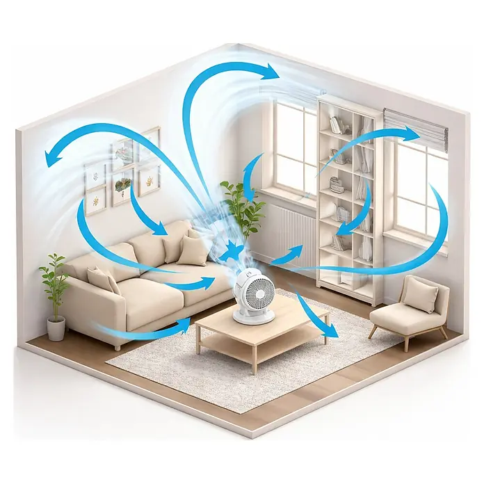 Arctic Air Tischventilator Gyro Cool - Weiß - Weißer Ventilator auf Couchtisch zeigt kräftige Luftzirkulation im modernen Wohnzimmer.