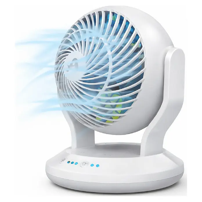 Arctic Air Tischventilator Gyro Cool - Weiß - Weißer Tischventilator mit blauen Kontrollleuchten, der aktiv Luft aus seinem Frontgitter bläst.