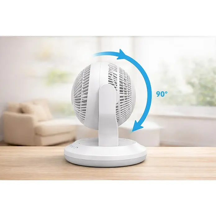 Arctic Air Tischventilator Gyro Cool - Weiß - Weißer Tischventilator auf einem Tisch, mit blauem Pfeil, der 90° Vertikaloszillation zeigt.