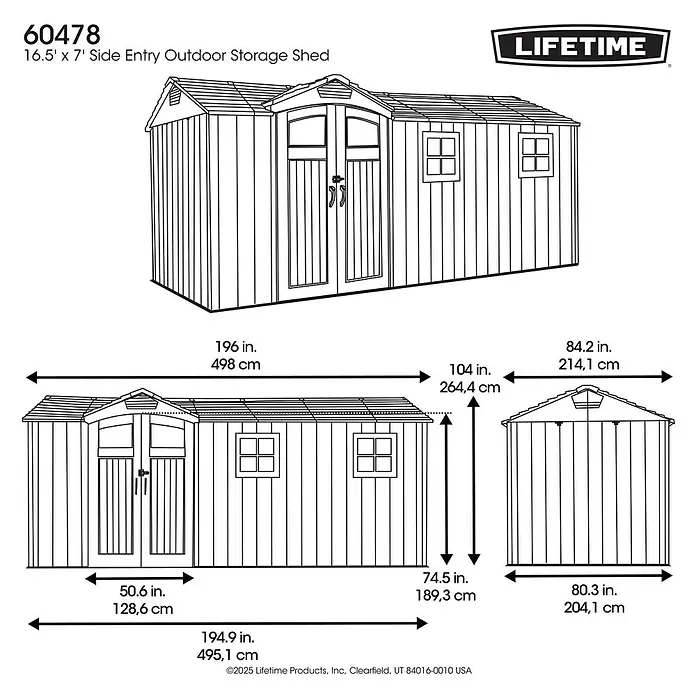Lifetime Gerätehaus Idaho - Kunststoff, Grau, Außenmaß inkl. Dachüberstand (B x T): 498 x 214 cm - Strichzeichnung eines 16,5 x 7 Fuß großen Gartenhauses mit Seiteneingang, Ansichten und Maßen.