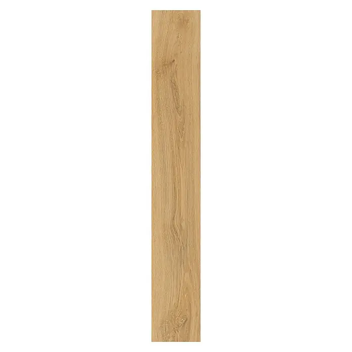 Laminado Parioli - 1.288 x 195 x 8 mm, Marrón, AC4 - Lama de aspecto madera marrón claro con veta y nudos naturales.