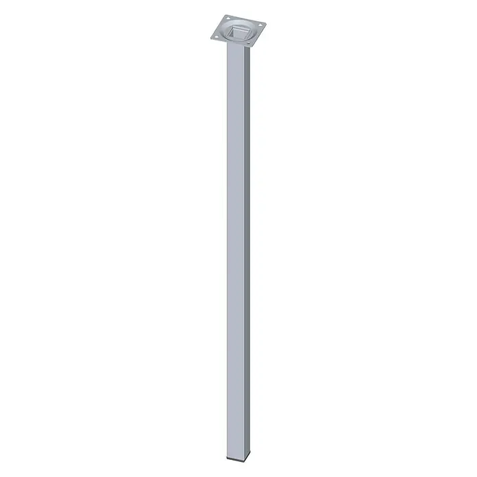 Element System Pata para muebles - L x An x Al: 2,5 x 2,5 x 50 cm, Capacidad de carga: 30 kg, Acero, Cromo - En la imagen se ve una sola pata de mesa cuadrada plateada con una placa de montaje para sujetarla a un tablero.