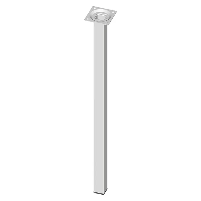 Element System Pata para muebles - L x An x Al: 2,5 x 2,5 x 50 cm, Capacidad de carga: 30 kg, Acero, Blanco - Aquí hay una sola pata de mesa plateada con una placa de montaje cuadrada y una base cuadrada.