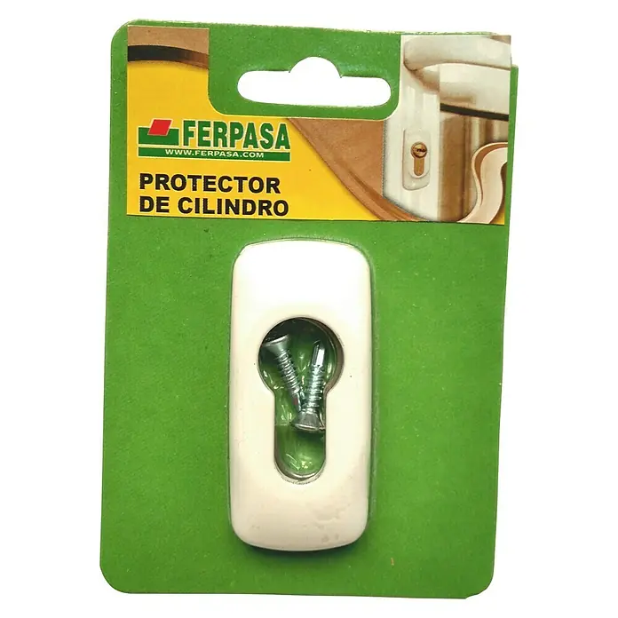 Escudo para cerraduras Europerfil - Blanco - Primer plano de un paquete de protector de cilindro FERPASA con una protección blanca y dos tornillos, empaquetado en cartón verde.