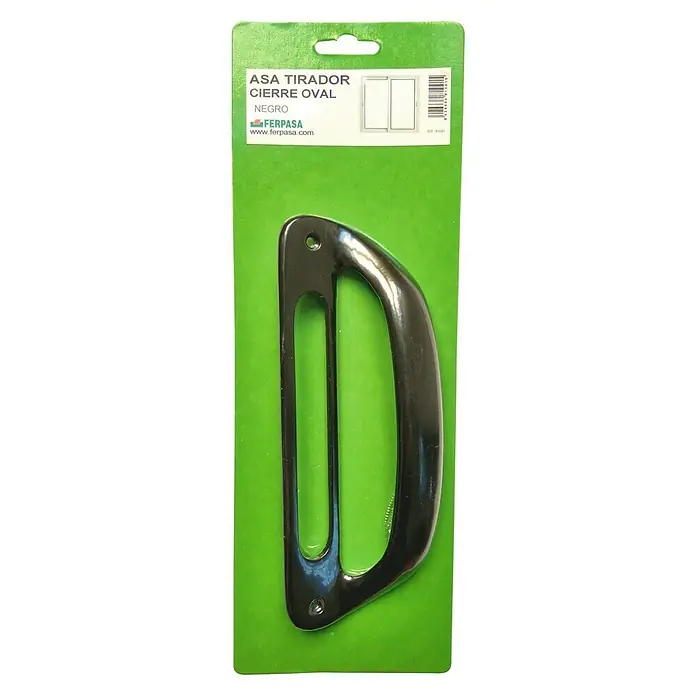 Manillón Ovalado - Distancia entre orificios: 128 mm, Negro - Manilla ovalada negra para puerta corredera con embalaje verde.