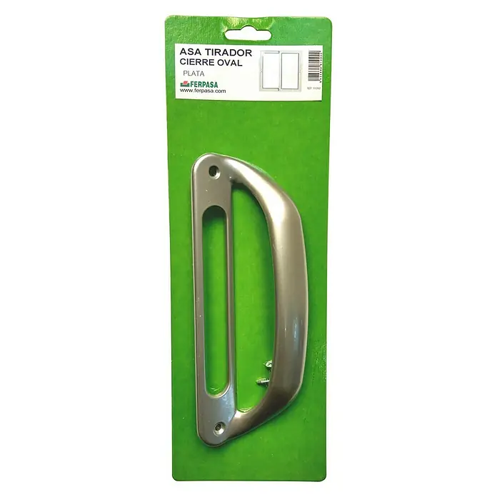 Tirador para puertas ovalado - Plateado - Manija para puerta color plata "ASA TIRADOR CIERRE OVAL" de Ferpasa en embalaje verde, ideal para cajones o armarios.