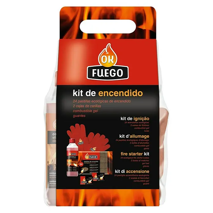 Ok Fuego Kit de encendido - 4 pzs., Marrón - El kit de encendido OK Fuego, que incluye pastillas de encendido, cerillas, gel combustible y guantes para un encendido fácil y seguro.