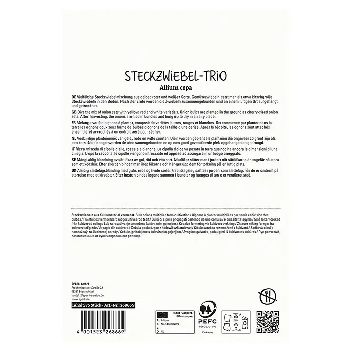 Sperli Steckzwiebeln Trio - Allium cepa - Etikett für 'Steckzwiebel-Trio Allium cepa' mit mehrsprachigen Pflanzanweisungen, Produktdetails, Barcode und Pflanzenpass-Informationen.