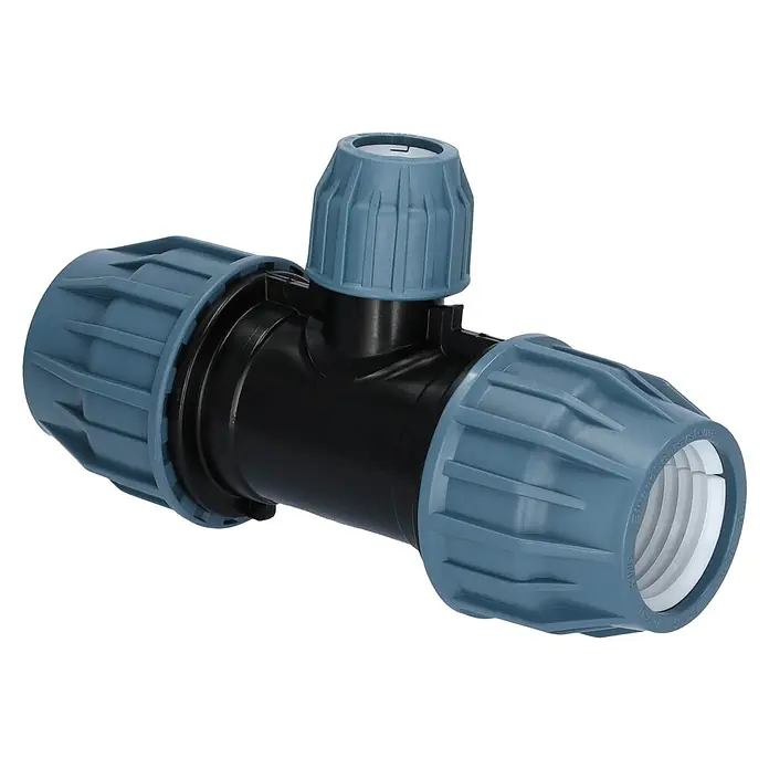 HDPE-T-Verbindungsstück PP - Durchmesser: 32 mm, Polyethylen, Ausführungseigenschaft: 32 x 25 x 32 mm - Schwarzes Kunststoff-T-Stück mit blaugrauen Klemmverschraubungen für Rohrverbindungen.
