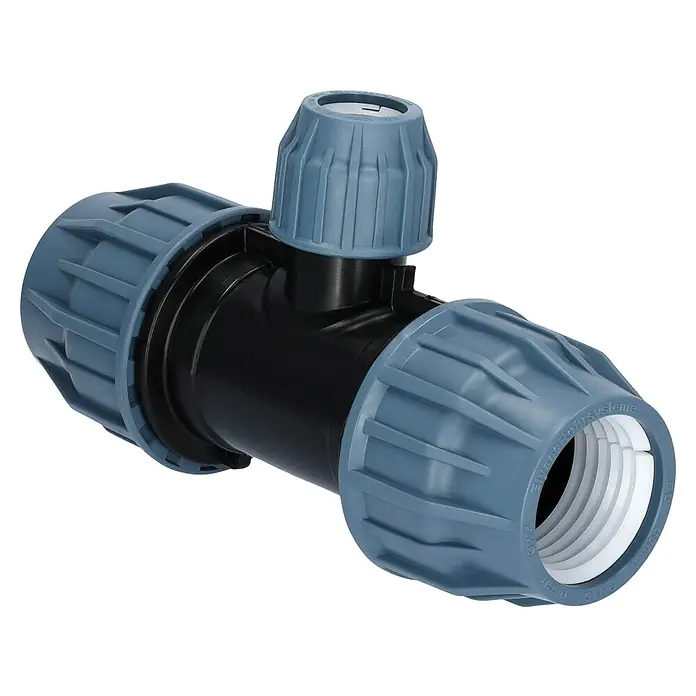 HDPE-T-Verbindungsstück PP - Durchmesser: 32 mm, Polyethylen, Ausführungseigenschaft: 32 x 25 x 32 mm - Schwarzes T-Stück Klemmfitting mit blaugrauen Muttern und weißen Innengewinden für Rohrsysteme.