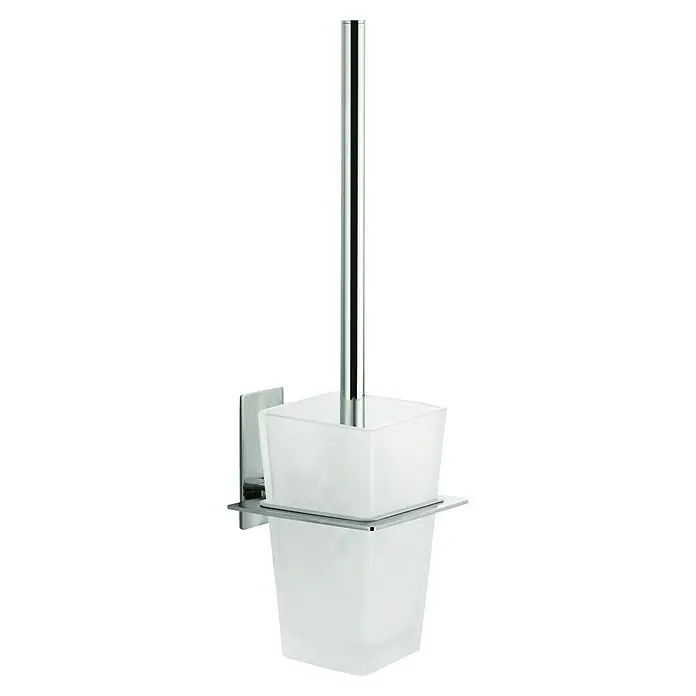 Aquasanit Conjunto de escobilla - Metal - Juego de escobilla de baño de pared con recipiente blanco y mango cromado. Un accesorio de baño elegante y que ahorra espacio.