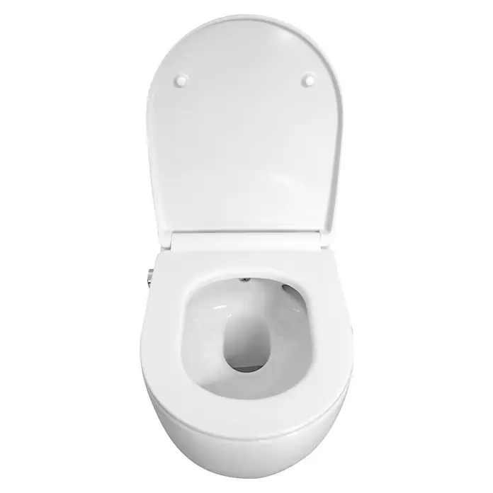 Temtasi Wand-Dusch-WC-Set Infinity - Spülrandlos, Ohne Spezialglasur, Spülform: Tief, WC Abgang: Waagerecht, Weiß - Weißes Keramik-WC mit geöffnetem Deckel und Sitz, das die Schüssel zeigt.