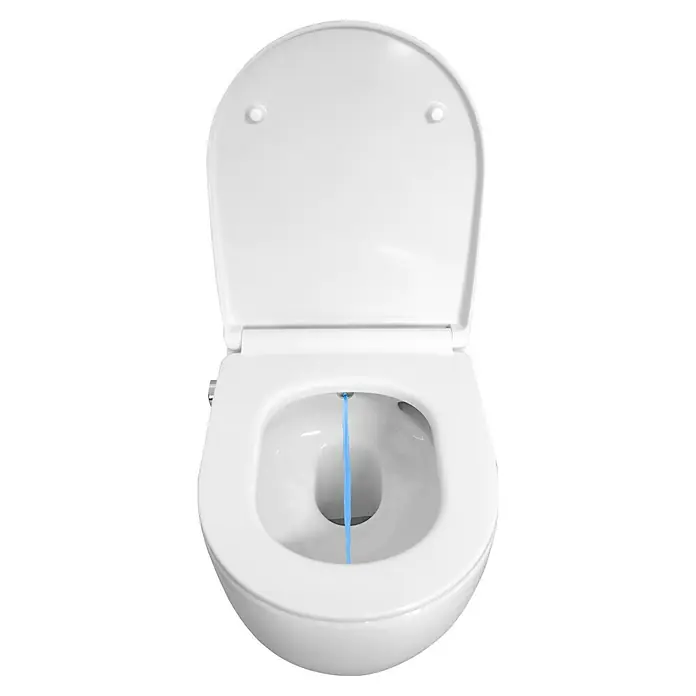 Temtasi Wand-Dusch-WC-Set Infinity - Spülrandlos, Ohne Spezialglasur, Spülform: Tief, WC Abgang: Waagerecht, Weiß - Weißes Keramik-WC mit geöffnetem Deckel und blauem Wasserstrahl aus Bidetdüse.
