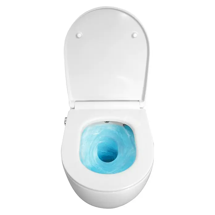 Temtasi Wand-Dusch-WC-Set Infinity - Spülrandlos, Ohne Spezialglasur, Spülform: Tief, WC Abgang: Waagerecht, Weiß - Weißes Keramik-WC mit offenem Deckel, blaues Wasser wirbelt beim Spülen.