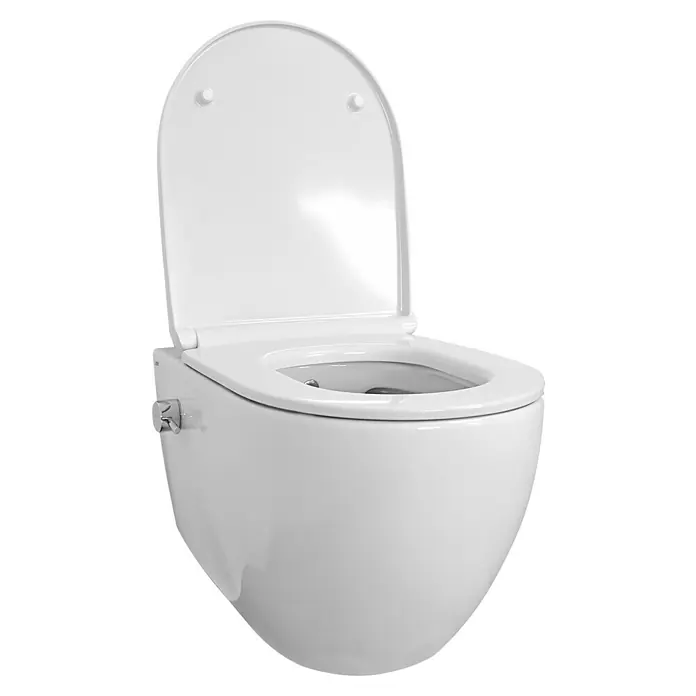 Temtasi Wand-Dusch-WC-Set Infinity - Spülrandlos, Ohne Spezialglasur, Spülform: Tief, WC Abgang: Waagerecht, Weiß - Weißes wandhängendes WC mit geöffnetem Deckel und integrierter Bidetfunktion.