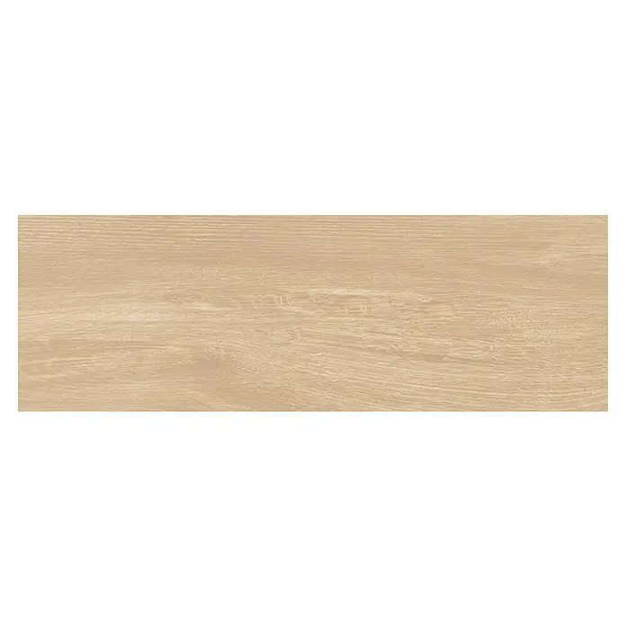 Pavimento cerámico Nook - 57 x 19 cm, Natural, Mate - Textura de veta de madera marrón claro con patrones horizontales naturales.