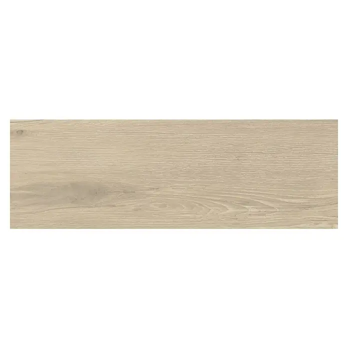 Pavimento cerámico Nook - 57 x 19 cm, Gris, Mate - Textura de madera beige clara con veta horizontal visible y nudos sutiles.