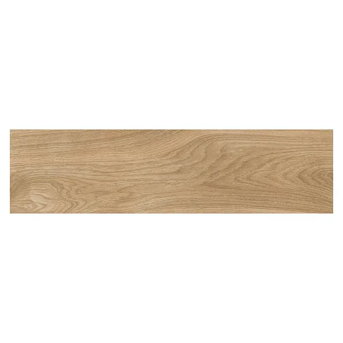 Pavimento porcelánico Hardy - 15,3 x 58,9 cm, Miel, Mate - Panel de madera marrón claro con veta natural y patrones ondulados.