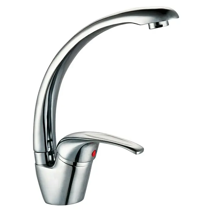 Rousseau Grifo de cocina Newbury - Cromo, Brillante - Grifo cromado brillante con un punto rojo en el mango. El diseño moderno encaja bien en cualquier baño.